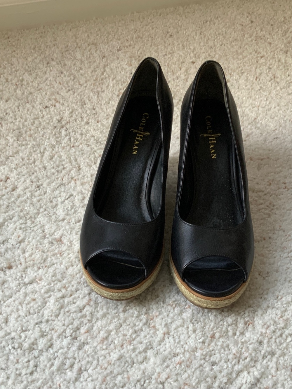 Cole Haan Black Leather Peep Toe Wedge Espadrilles